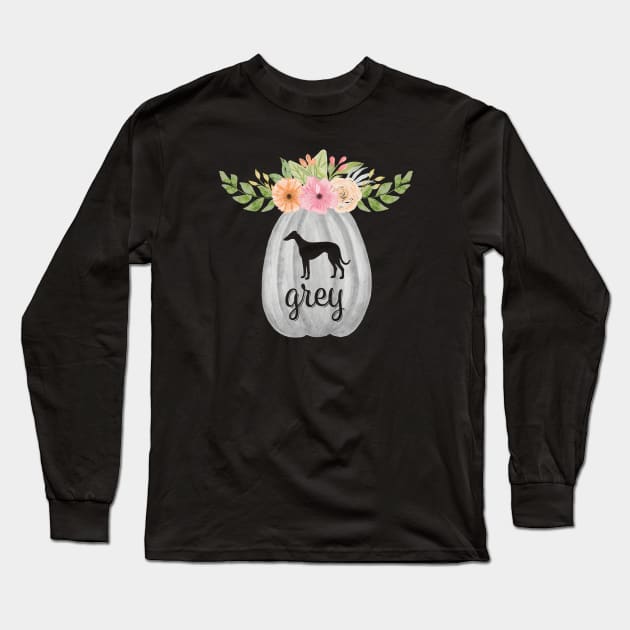 Greyhound Grey Pumpkin with Fall Flowers Long Sleeve T-Shirt by Houndie Love